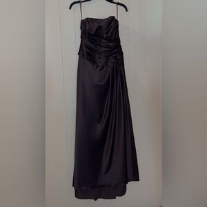 dark brown (chocolate), strapless, floor length dress with boning